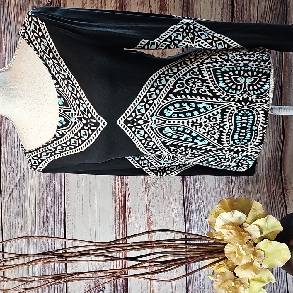 NEW ELLA MOSS BOHO LONG SLEEVE LIGHTWEIGHT BLACK & TURQUOISE PULLOVER TUNIC